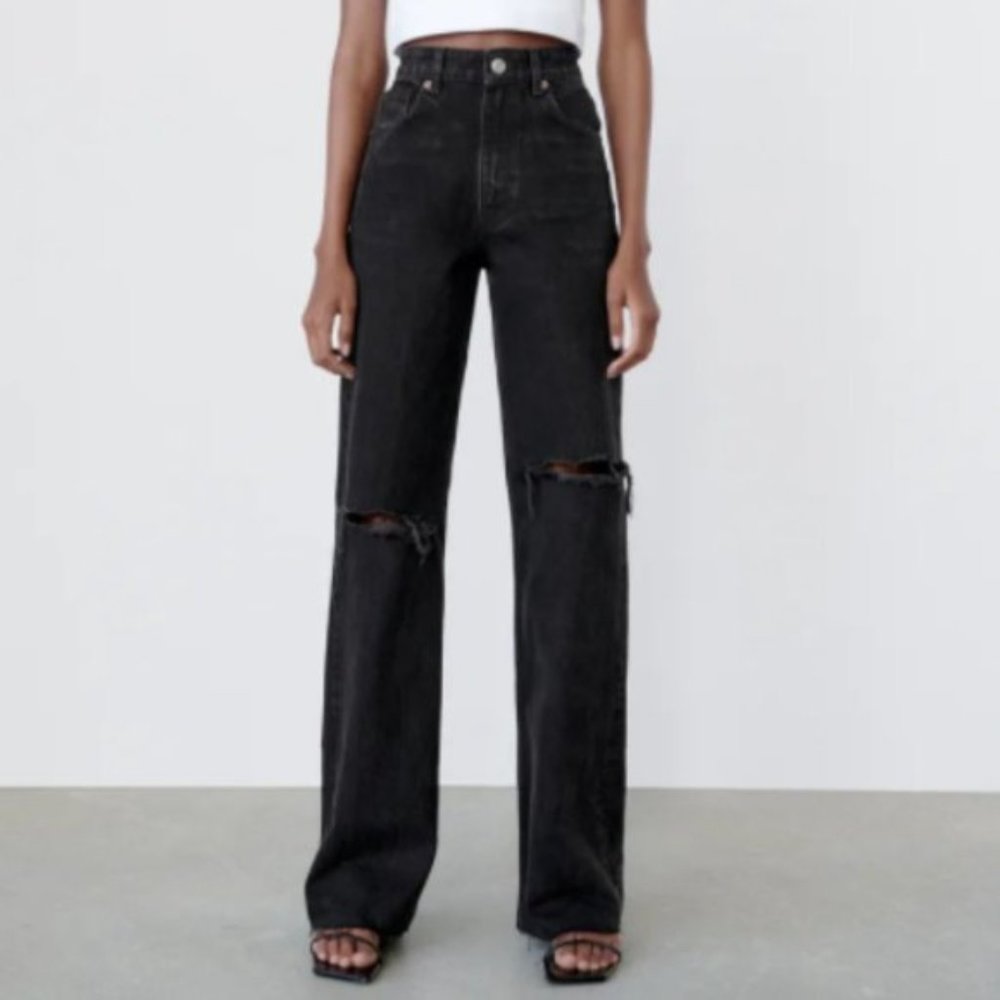 NWT Zara RIPPED WIDE LEG JEANS - 4